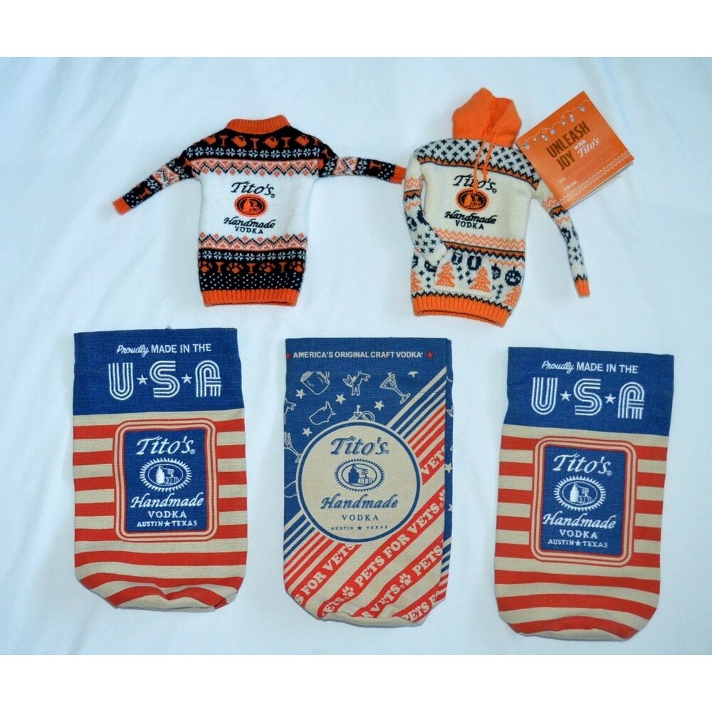 Lot of 5 Titos Handmade Vodka 3 Bottle Bag Drawstring  & 2 Sweaters Austin Texas